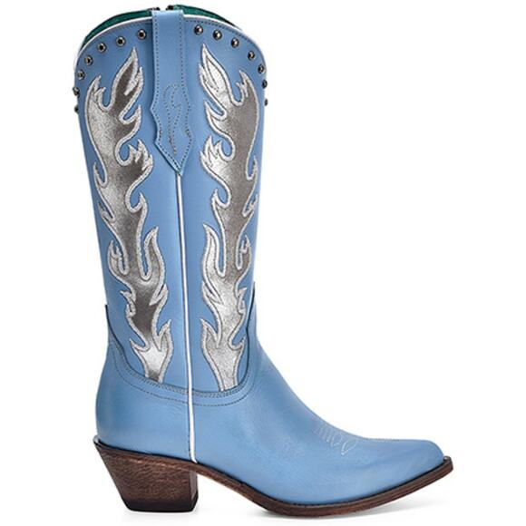 Corral Baby Blue Flame Studded Embroidered Western Boots Snip Toe 8.5M NWOB - Picture 2 of 13